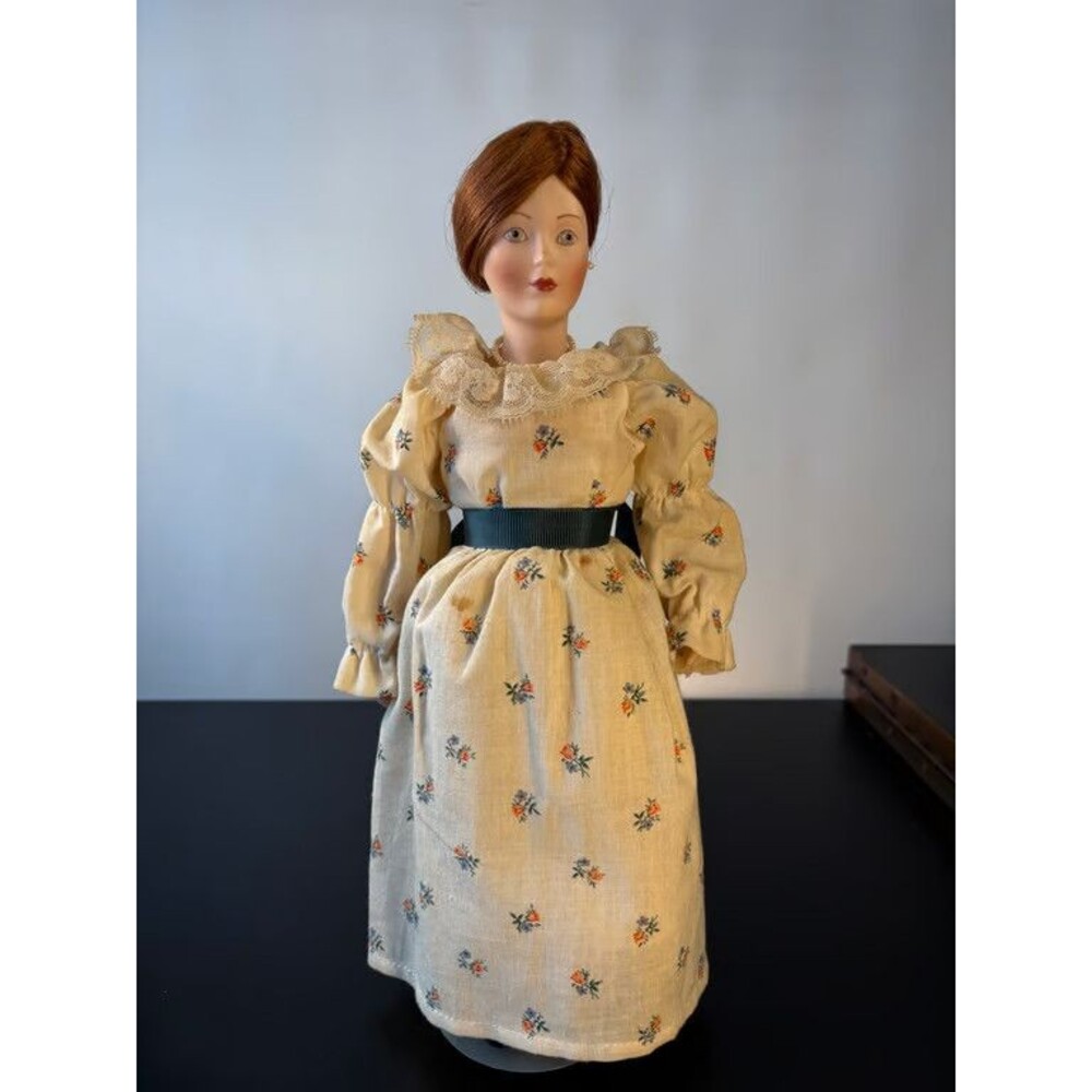 Porcelain Lady Doll Cream Sprigged Gown Teal Sash Pearl Necklace Upswept Hair